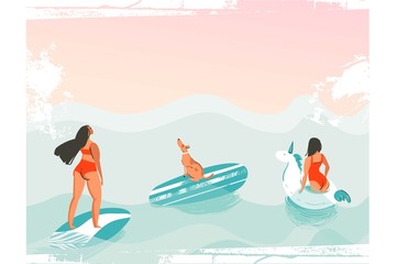 Obraz premium Hand drawn vector abstract cartoon graphic summer time funny illustrations poster with surfer girls in red bikini with dog isolated on blue ocean waves textured background