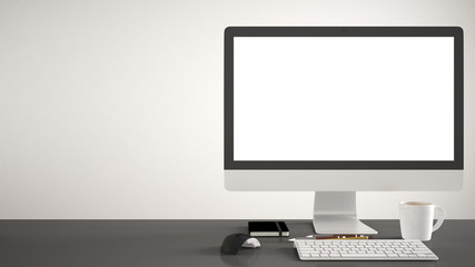 Desktop mockup, template, computer on gray work desk with blank screen, keyboard mouse and notepad with pens and pencils, white background