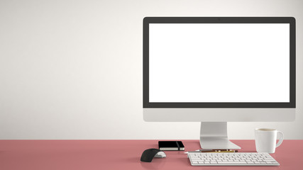 Desktop mockup, template, computer on red pantone colored work desk with blank screen, keyboard mouse and notepad with pens and pencils, white background