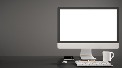 Desktop mockup, template, computer on dark work desk with blank screen, keyboard mouse and notepad with pens and pencils, gray background