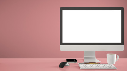Desktop mockup, template, computer on red work desk with blank screen, keyboard mouse and notepad with pens and pencils, colored pantone colored background