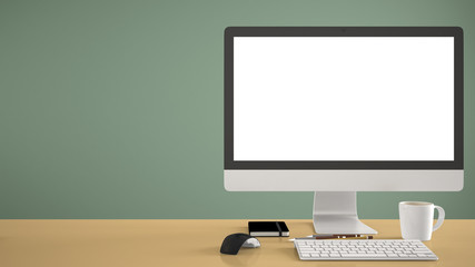 Desktop mockup, template, computer on yellow work desk with blank screen, keyboard mouse and notepad with pens and pencils, green pantone colored background