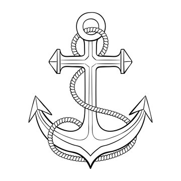 Anchor With Rope. Outline Drawing
