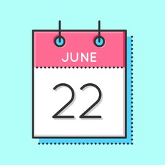 Vector Calendar Icon. Flat and thin line vector illustration. Calendar sheet on light blue background. June 22th