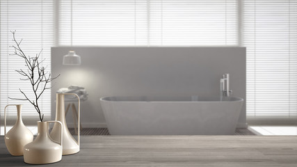 Wooden table top or shelf with minimalistic modern vases over blurred scandinavian clean bathroom, white interior design