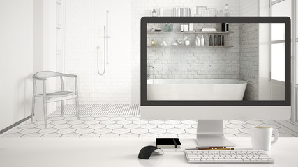 Architect house project concept, desktop computer on white work desk showing classic bathroom, CAD...