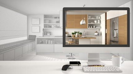 Architect house project concept, desktop computer on white work desk showing modern wooden kitchen, CAD sketch interior design in the background