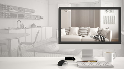 Architect house project concept, desktop computer on white work desk showing modern living room, CAD sketch interior design in the background