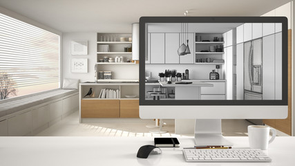 Architect house project concept, desktop computer on white work desk showing CAD sketch, modern...