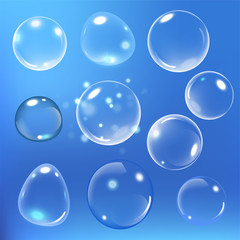 Realistic soap bubble on blue background. vector soap bubble illustration. Soap Bubble set. Vector illustration