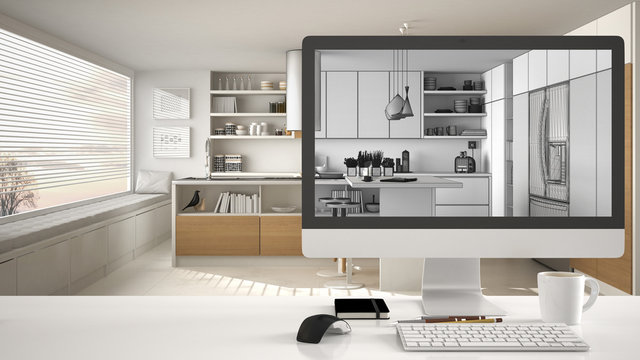 Architect house project concept, desktop computer on white work desk showing CAD sketch, modern wooden kitchen interior design in the background