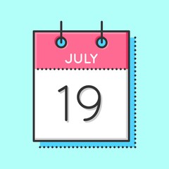 Vector Calendar Icon. Flat and thin line vector illustration. Calendar sheet on light blue background. July 19th