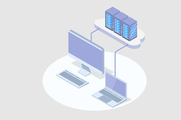 Cloud computing technology 3D isometric concept. Vector illustration.