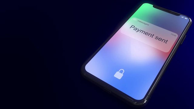 Payment sent notification pops up on the screen of a modern smartphone. Conceptual 3D animation