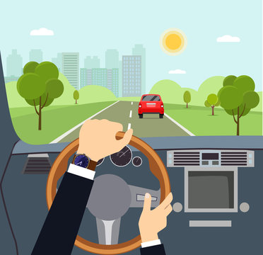 Man hands of a driver on steering wheel of a car. Vector flat style illustration