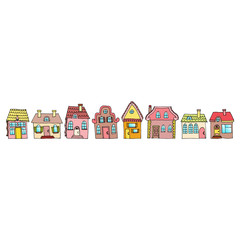 Houses on a street located in one row. Illustration of a city la