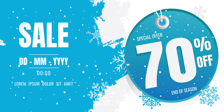 winter sale banner template design. snow flake. Ice Crystals. season. Blue floor. discount 70%