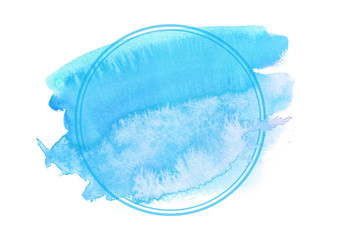 Bright turquoise blue abstract brush strokes painted in watercolor surrounded by thin round frame on clean white background