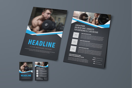 design of a black brochure with blue ribbons and a place for photos.