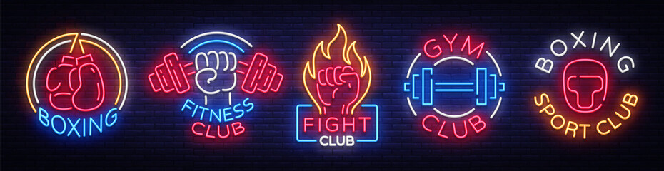 Collection neon signs for sports. Set neon logos emblems for Sports, design template symbols Boxing, Fitness Club, Fight Club, Gum club, Sport club. Neon signboard. Vector Illustration