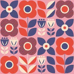 Keuken foto achterwand Rood naadloos patroon met bloemenelementen in retro scandinavische stijl