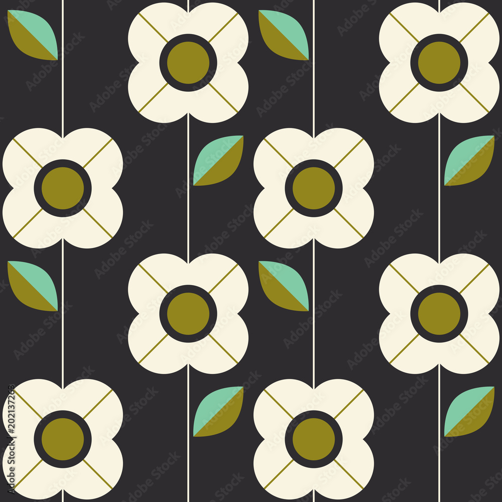 Poster seamless pattern with flowers and leaves in retro scandinavian style