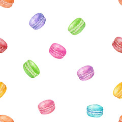 Watercolor hand drawn illustration isolated on white background. Seamless watercolor pattern with colorful macaroons for background, wallpaper, textile, card, print.