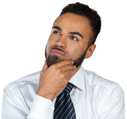 Young black businessman in a thoughtful mood isolated on white background