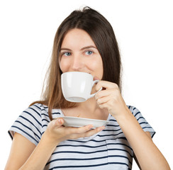 Young woman holding a mug with a hot drink isolated on white background
