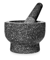Granite mortar with pestle. Empty crushing dish, isolated on a white background.