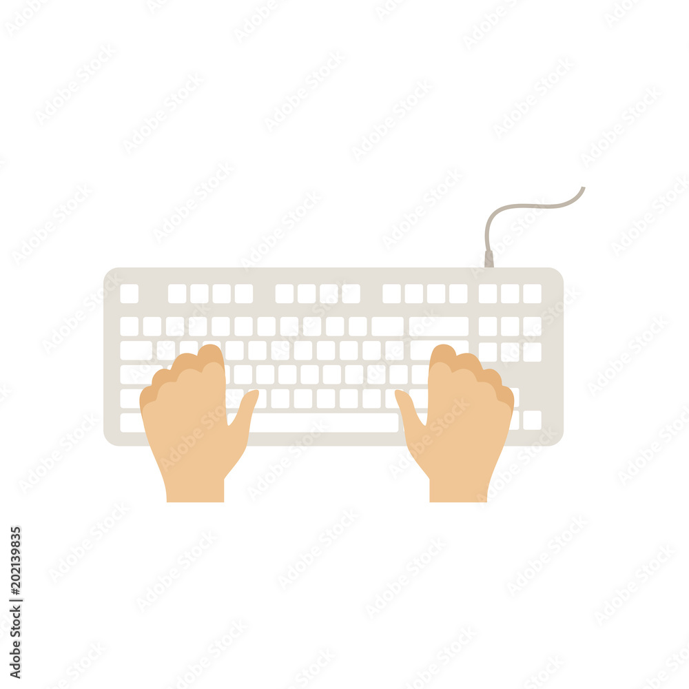 Poster male hands on computer keyboard, man working with computer, top view vector illustration on a white 