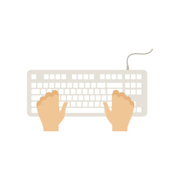 Male hands on computer keyboard, man working with computer, top view vector Illustration on a white background