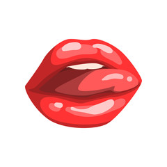 Red female mouth with glossy lips and sticking out tongue vector Illustration on a white background