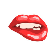 Red female mouth with white teeth biting glossy lips vector Illustration on a white background