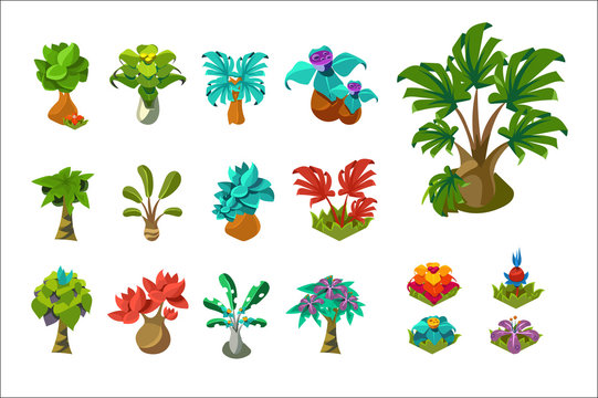 Colorful fantasy tropical trees and plants, nature details for computers game interface vector Illustrations on a white background