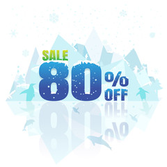Obraz premium sale winter. banner and label. Price reduction. discount 80%. billboards. on white background. vector. illustration. iceberg. snow. snow flake. Penguin. Dolphin. Killer whale