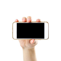 Hand holding white phone with blank black screen. Close up. Isolated on white background