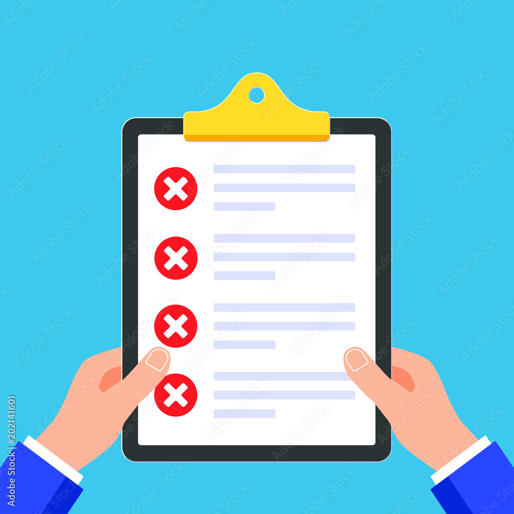 Poster hands hold clipboard with claim form on it, paper sheets, check marks cross x in the red circle on t