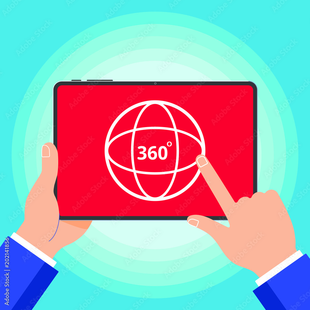 Poster hands holding tablet device with 360 degrees angle icon sign flat design style vector illustration i