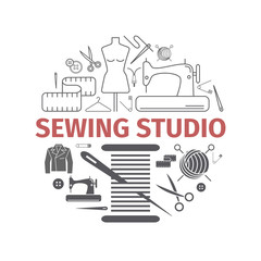 Sewing round banner, needlework line and flat icons. Signs for web graphics.