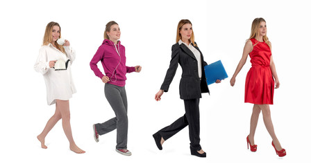 Fototapeta premium Lifestyle of the young attractive woman. In the morning she going with teapot and cup of tea, then morning jog, then work at office and in the evening at a party.