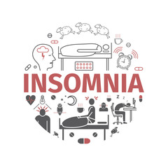 Insomnia, Symptoms. Flat icons set. Signs for web graphics.