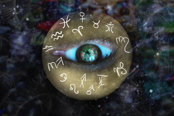 Full moon, space, astrology and zodiac signs