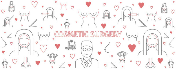 Line infographics Plastic Surgery, cosmetic surgery banner. Breast augmentation signs.