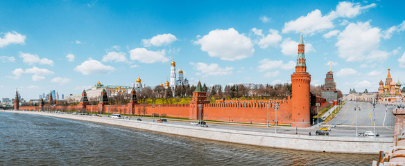 Moscow Kremlin view from the bridge over the river moscow river panorama.