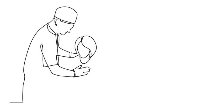 Self drawing animation of continuous line drawing of doctor examining patient