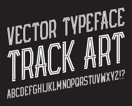 Track Art Vector Typeface. White striped font. Isolated english alphabet.