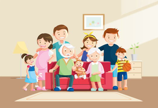 Warm big family portrait with blurred background. Grandfather, grandmother and baby sitting on the sofa at home. Vector illustration in a flat style.