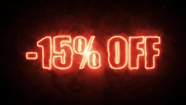 15 percent off burning text symbol in hot fire on black background