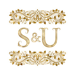 S and U vintage initials logo symbol. The letters are surrounded by ornamental elements. Wedding or business partners monogram in royal style.